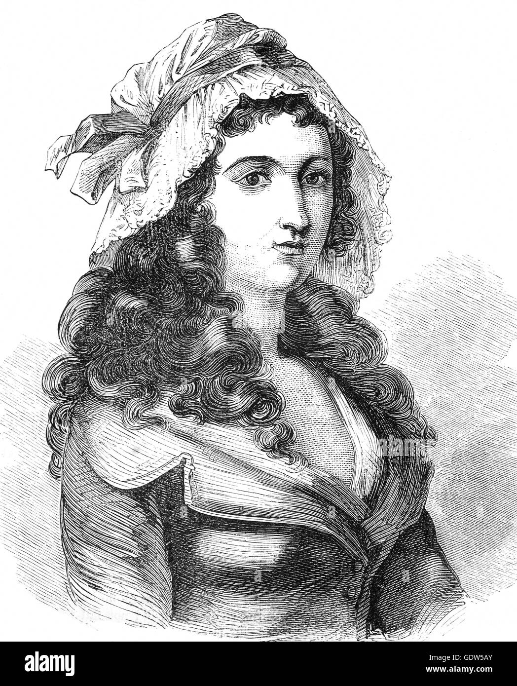 Marie-Anne Charlotte de Corday d'Armont (1768 – 1793), bekannt als Charlotte Corday war eine Figur der französischen Revolution. 1793 wurde sie durch die Guillotine für die Ermordung des jakobinischen Führer Jean-Paul Marat, hingerichtet, der durch seine Rolle als Politiker und Journalist, für den radikaleren Kurs teilweise verantwortlich war, die die Revolution gemacht hatte. Stockfoto