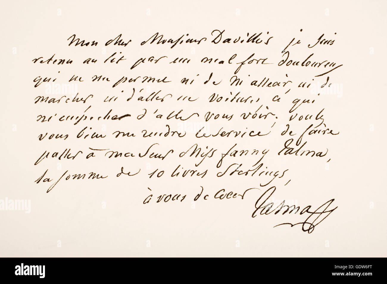 François-Joseph Talma, 1763 – 1826.  Französischer Schauspieler und Theatergesellschaft Manager.  Hand-Schriftprobe und Unterschrift. Stockfoto