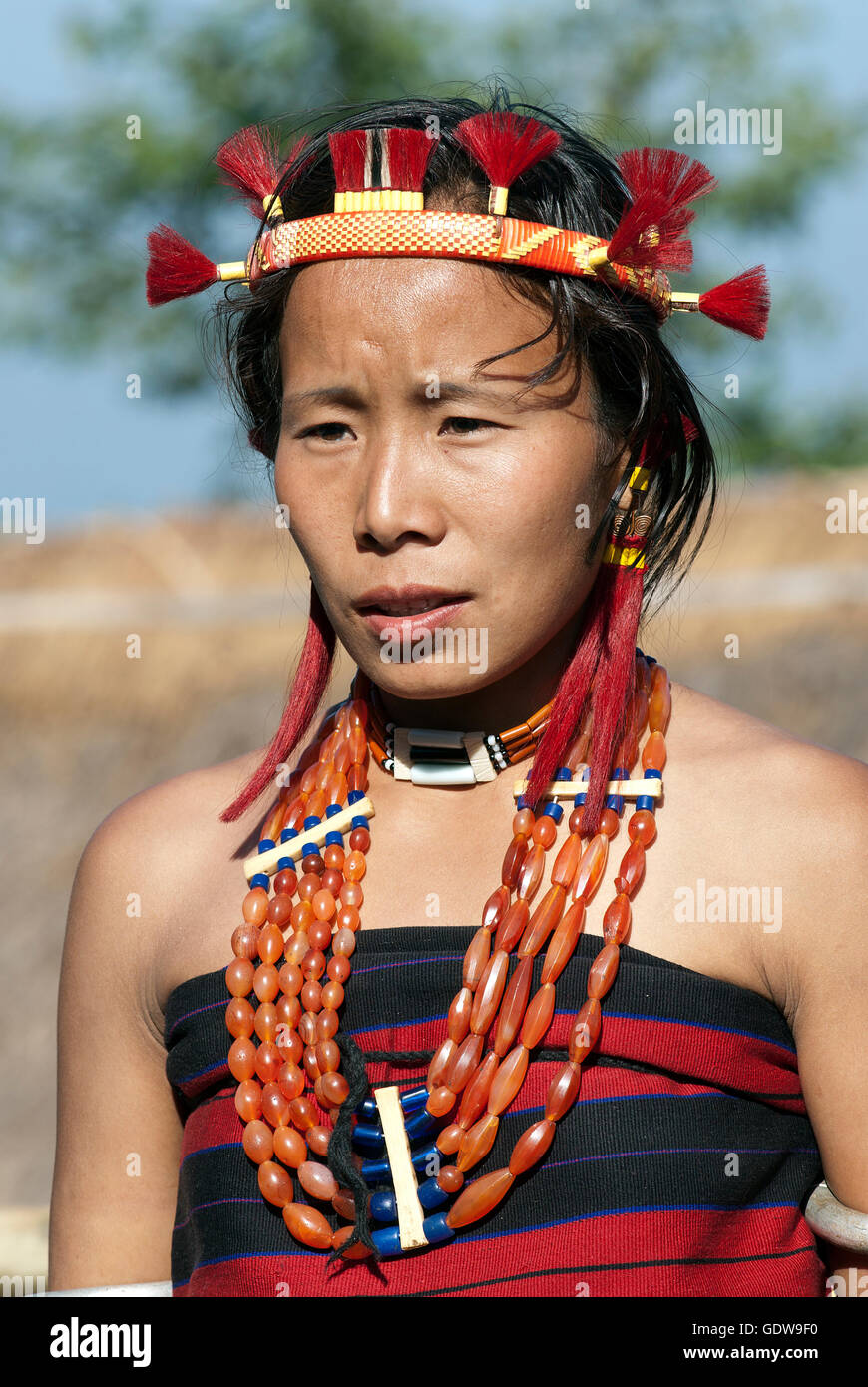 Das Bild des Sumi-Stamm-Dame mit Ornamentsat Hornbill Festival, Nagaland, Indien Stockfoto