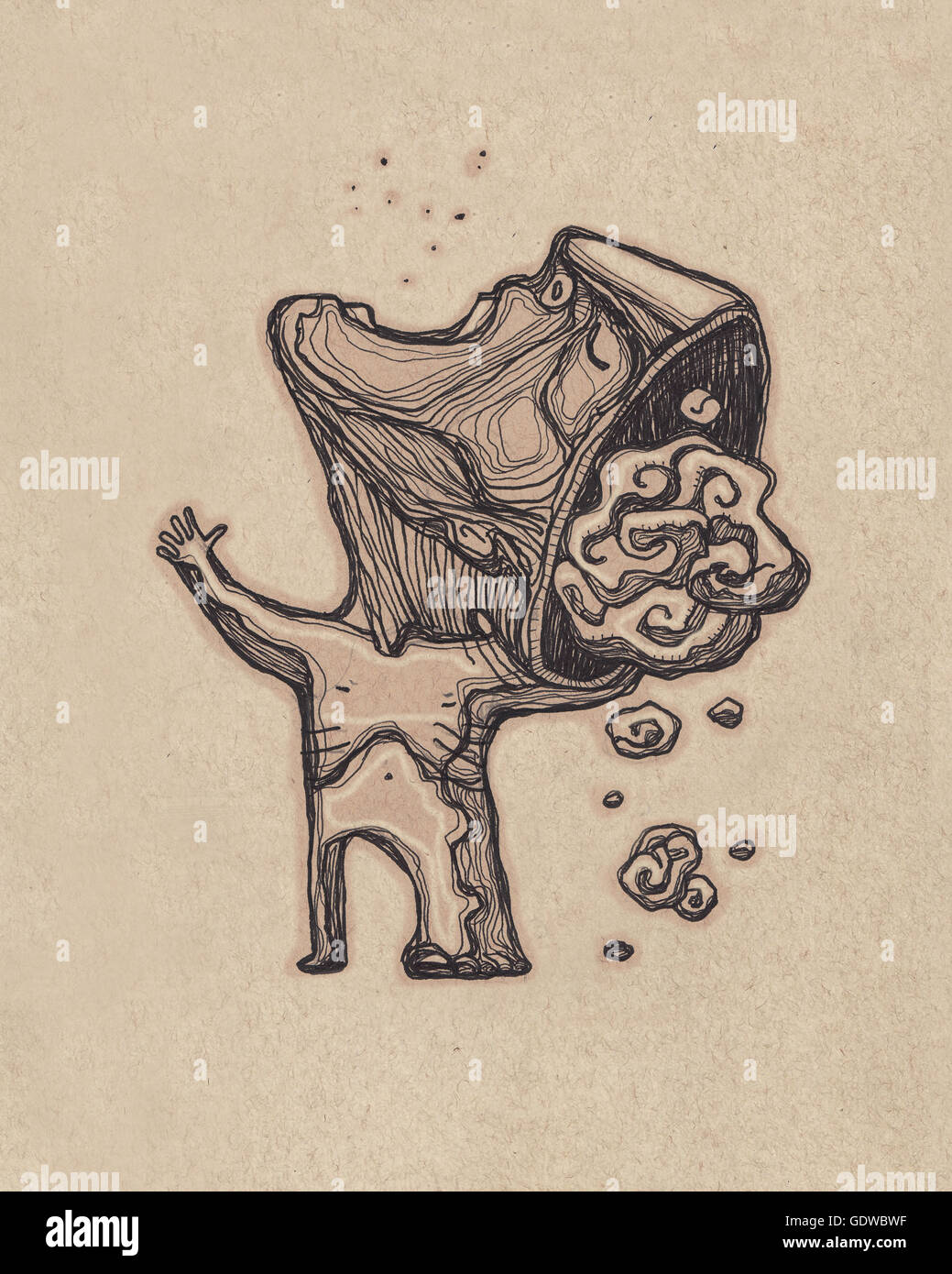 Handgezeichnete Illustrationen oder Zeichnung eines Mannes mit seinem Gehirn aus dem Kopf fallen Stockfoto