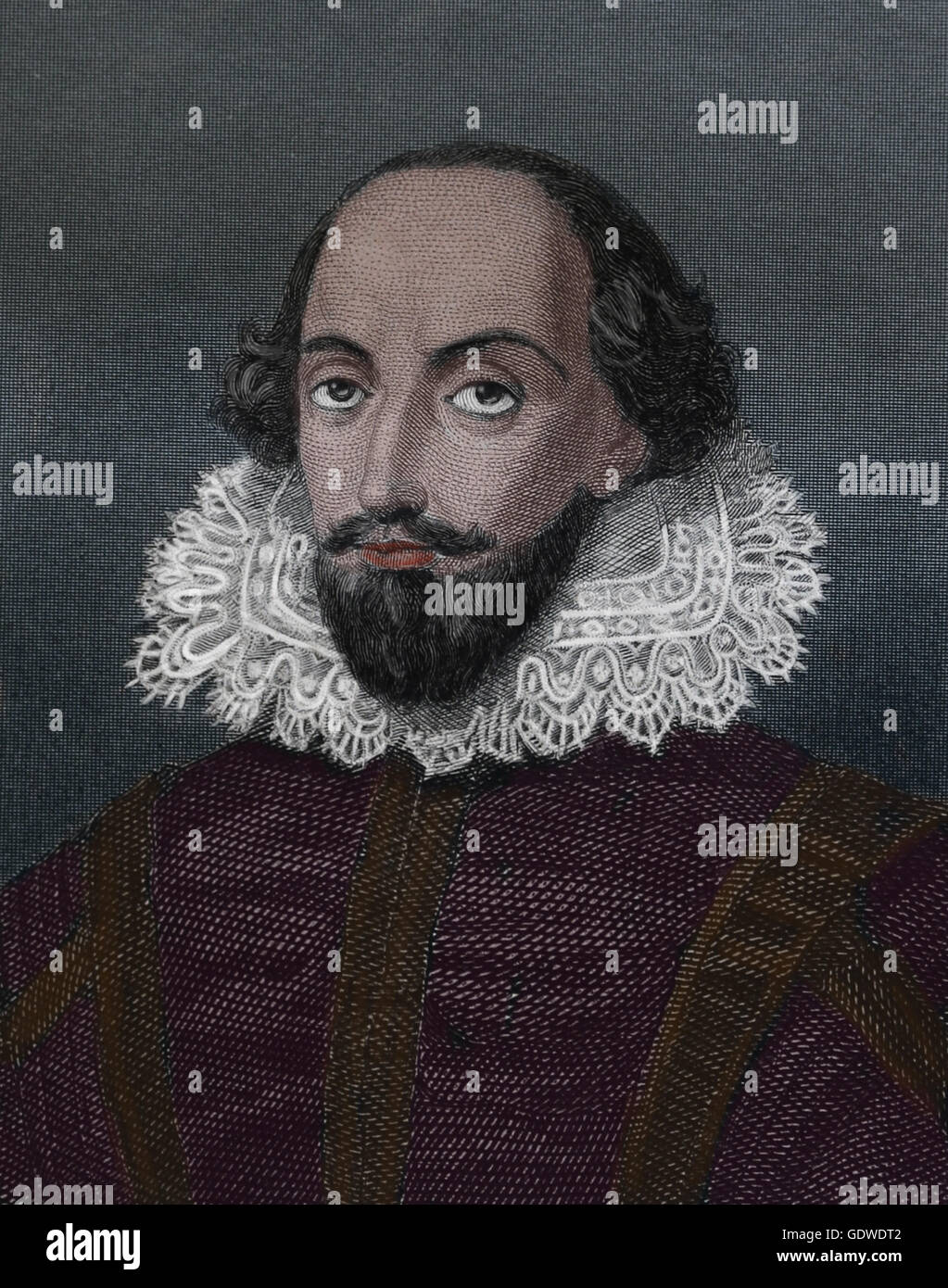 William Shakespeare (1564-1616). Englischer Schriftsteller. Renaissance. Elizabethan Era. Porträt. Kupferstich, 19. Jahrhundert. Farbe. Stockfoto