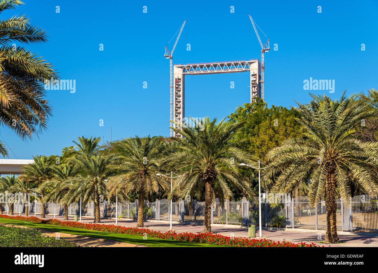 Dubai-Frame im Bau über Zabeel Park - Vereinigte Arabische Emirate Stockfoto