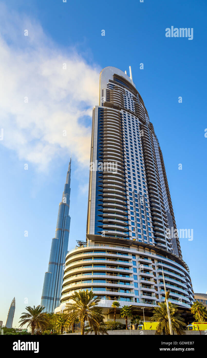 DUBAI, Vereinigte Arabische Emirate - 1. Januar: Blick auf the Address Downtown Hotel mit fi Stockfoto