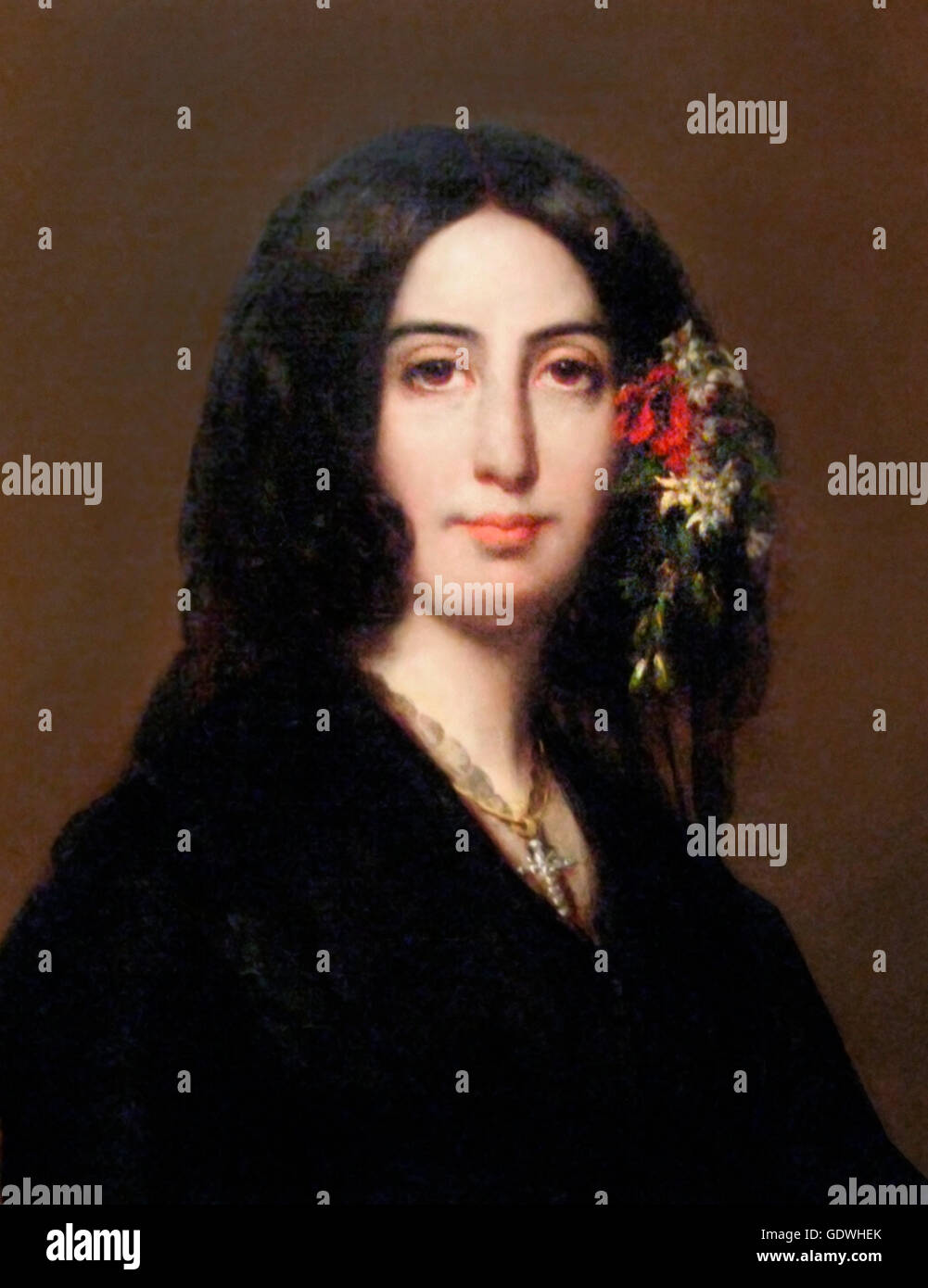 George Sand. Porträt der französischen Schriftstellerin George Sand (Amantine Lucile Aurore Dupin: 1804-1876), berühmt für ihre Affäre mit dem Komponisten Frederic Chopin. Aus einem Porträt von Auguste Charpentier, 1838. Stockfoto