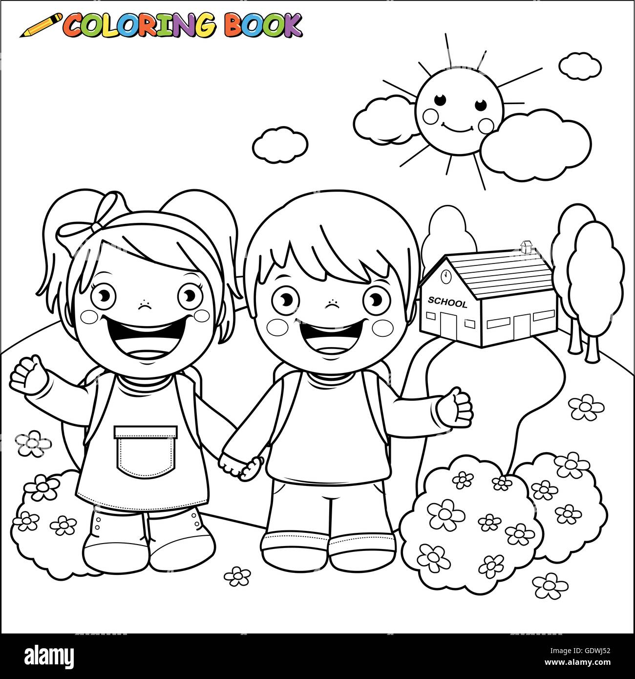 Black And White Umriss Bild eines Mädchens und eines jungen Studenten in der Schule. Coloring Book Seite. Stock Vektor