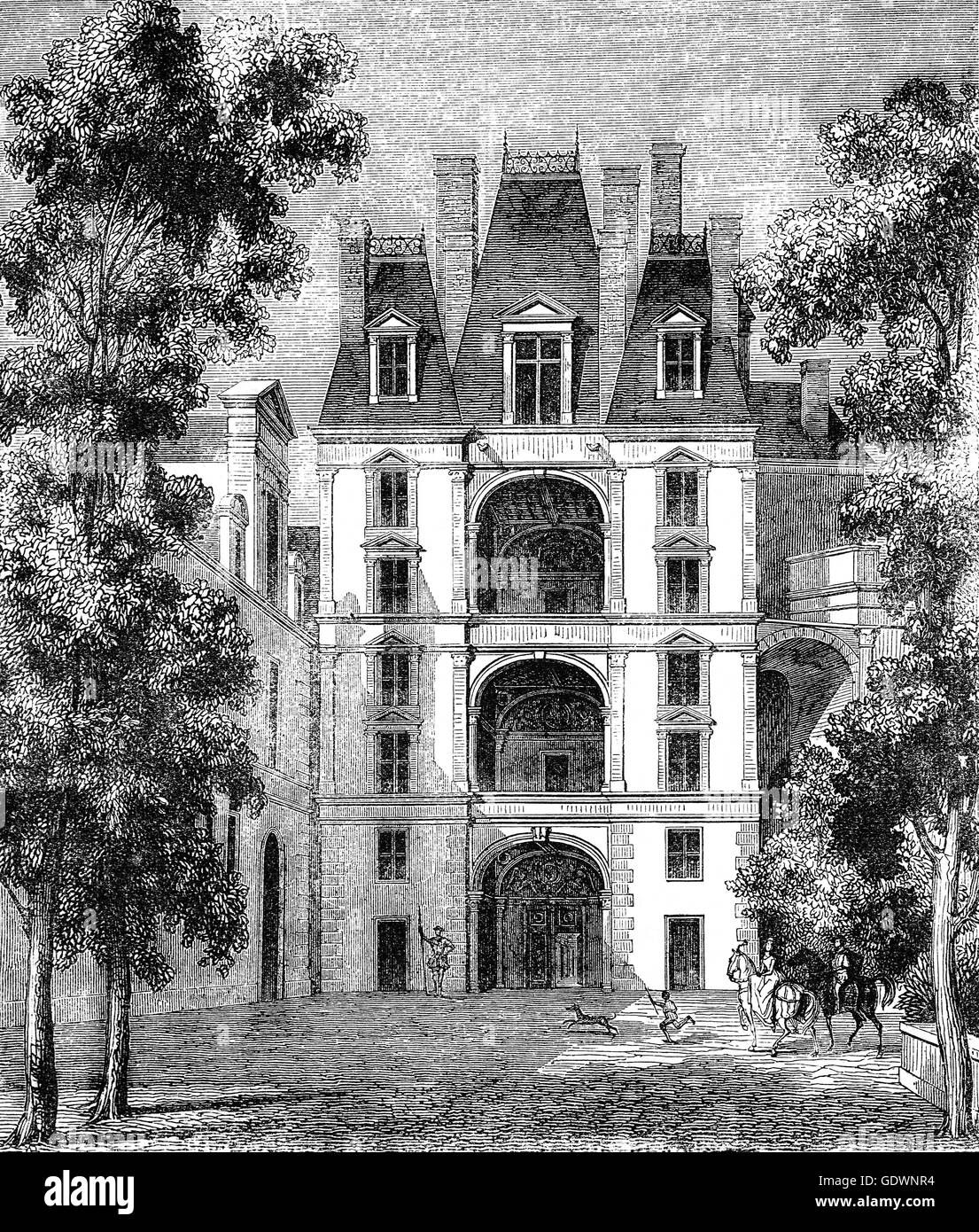 19. Jahrhundert Skizze des Schloss Fontainebleau oder Château de Fontainebleau, befindet sich 55 Kilometer südöstlich des Zentrums von Paris. Die mittelalterliche Burg und später Schloss war die Residenz der französischen Könige von Louis VII durch Napoleon III. Stockfoto