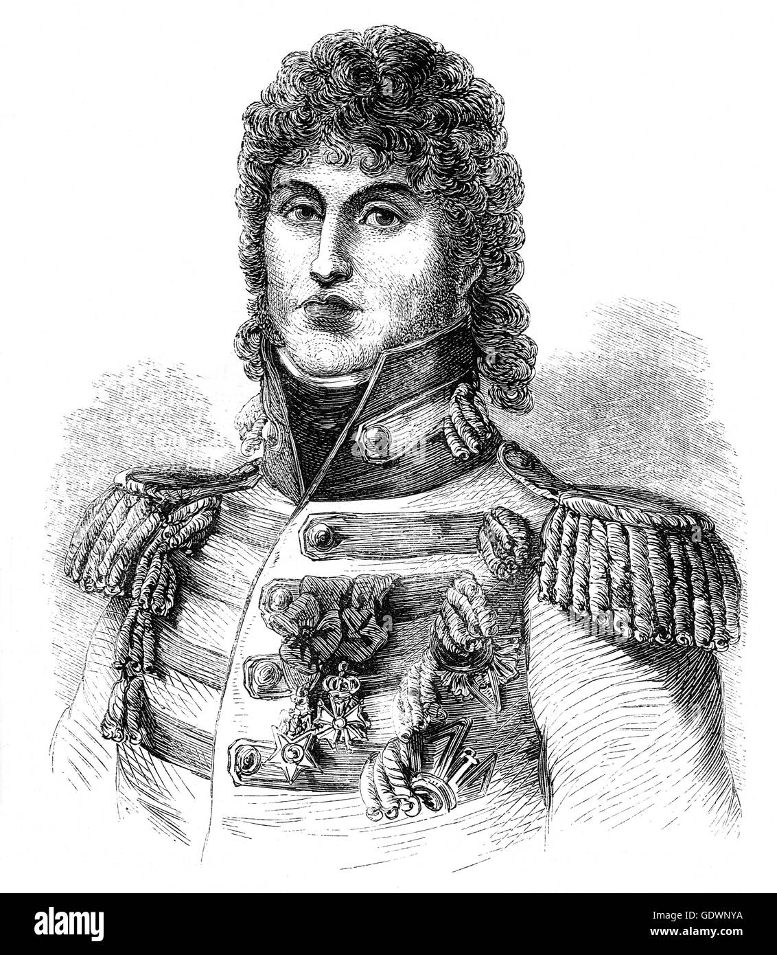 General Napoléon-Joachim Murat (1767 – 1815) war Marschall von Frankreich und Admiral von Frankreich unter der Herrschaft von Napoleon. Er war auch der 1. Prinz Murat, von 1806 bis 1808 Großherzog von Berg und von 1808 bis 1815 König von Neapel. Seine Titel erhielt er teilweise durch sein Schwager Napoleons durch die Heirat mit seiner jüngsten Schwester Caroline Bonaparte, sowie persönlichen Verdienst. Stockfoto