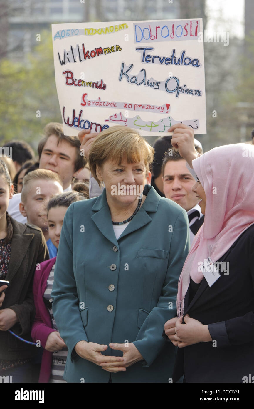 Besuch von Bundeskanzlerin Angela Merkel an der Robert-Jungk-Oberschule Stockfoto