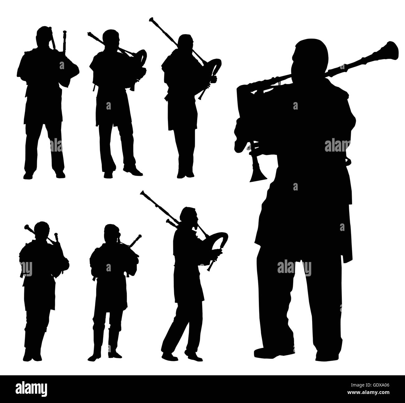 Schottischer Dudelsackspieler Silhouette Vektor Hintergrund gesetzt für poster Stock Vektor