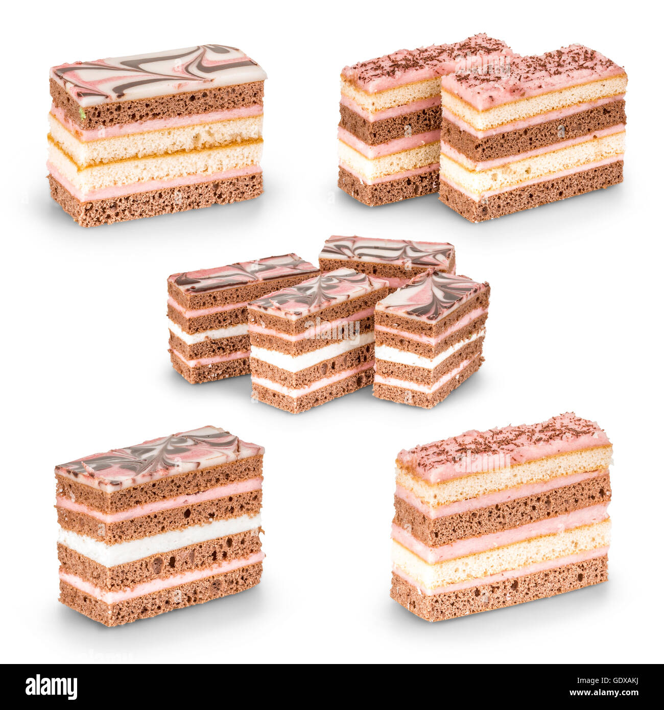 Satz von Schokolade Torte auf weiß Stockfoto