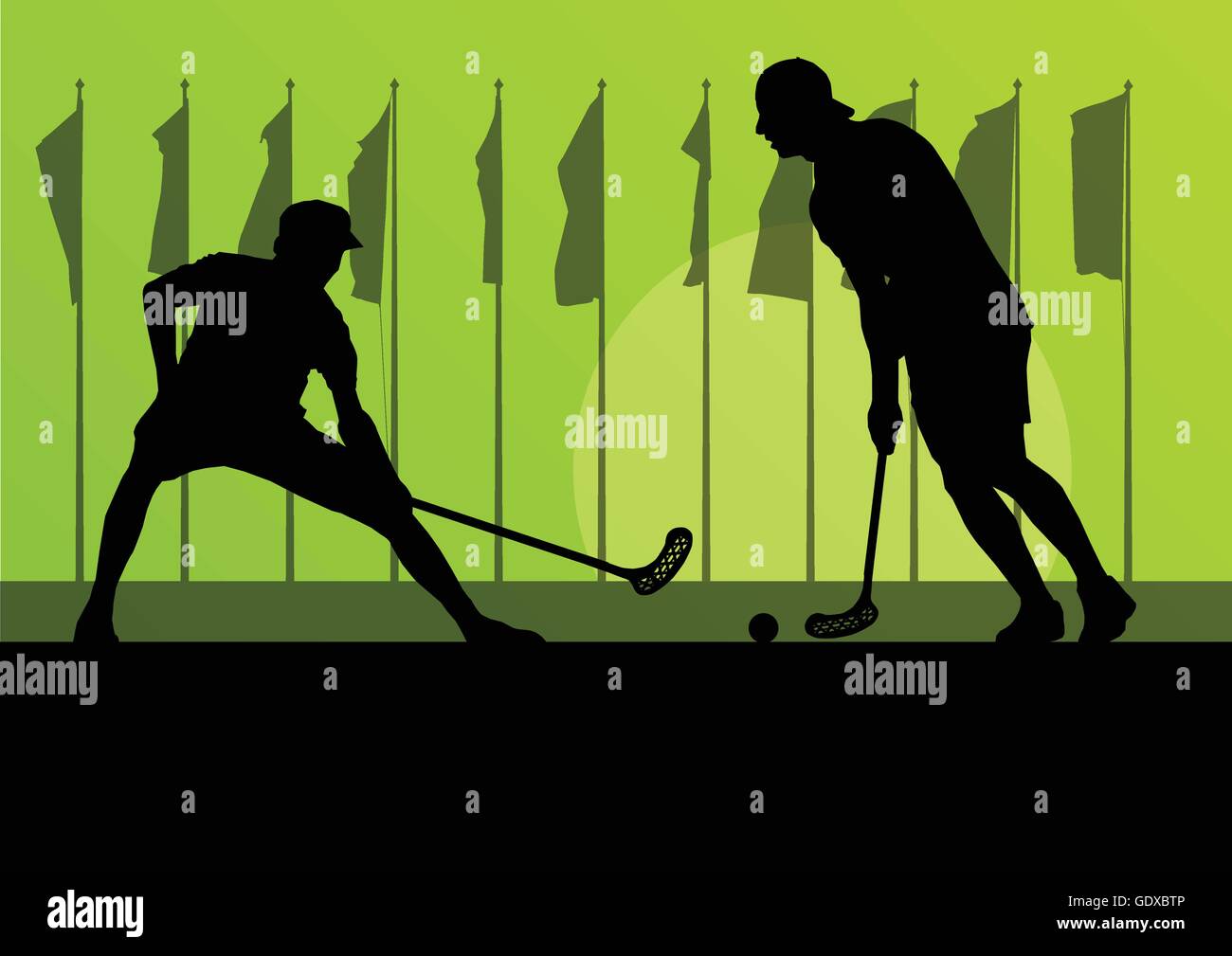 Floorball Spieler Vektor Silhouette Hintergrund Landschaft mit Fahnen für poster Stock Vektor