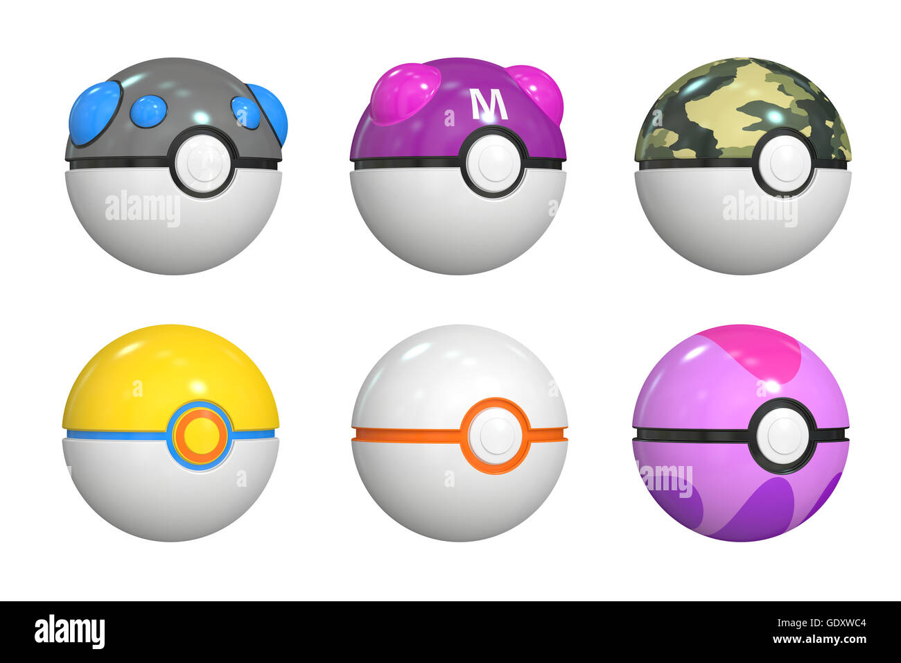 Set von Pokemon Bällen, 3D-Rendering isolierten auf weißen Hintergrund Stockfoto