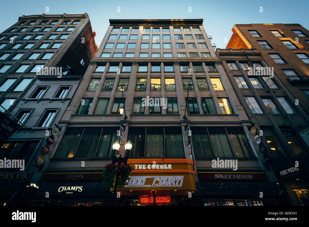 Gebäude in Downtown Crossing, in Boston, Massachusetts. Stockfoto