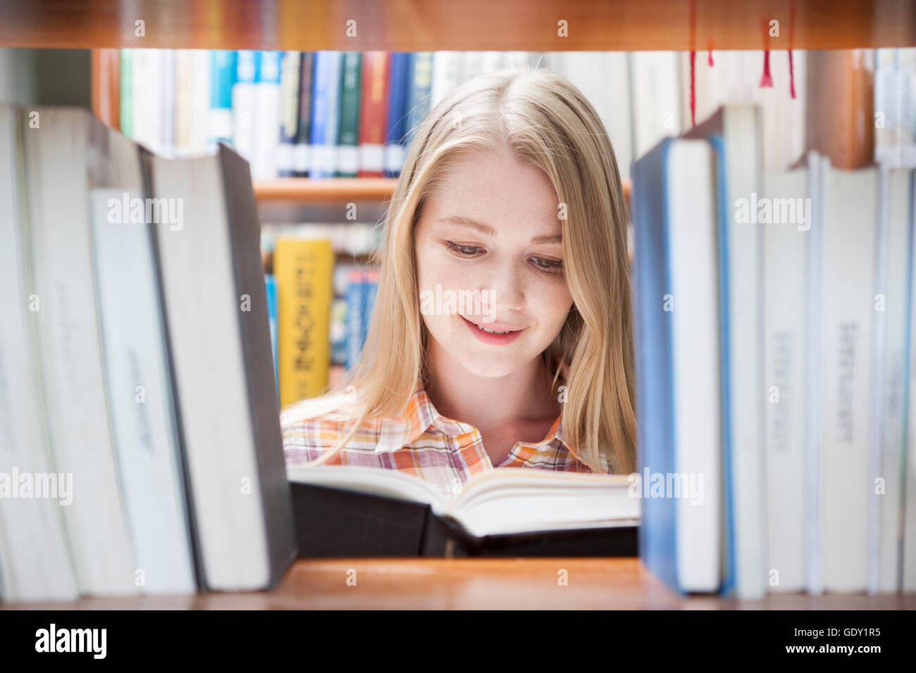 Porträt des jungen westlichen weibliche College-Studentin in der Bibliothek ein Buch lesen Stockfoto