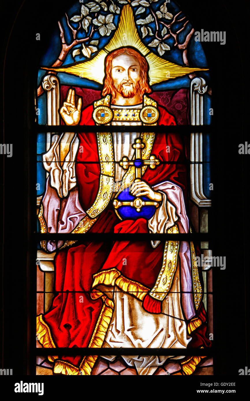 Geographie/Reisen, Deutschland, Baden-Wuerttemberg, Bretten, Museum/Museen, Melanchthon Haus, Innenansicht, Fenster aus Glas, mit Jesus Christus, von Großherzog Friedrich von Baden, 1902 gespendet, hergestellt von Fritz Geiges, Juli 1903 - Additional-Rights Clearance-Info - Not-Available Stockfoto