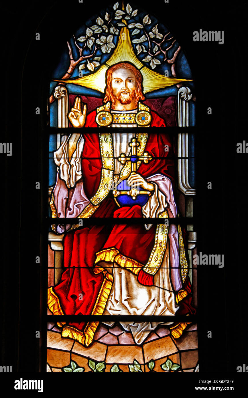 Geographie/Reisen, Deutschland, Baden-Wuerttemberg, Bretten, Museum/Museen, Melanchthon Haus, Innenansicht, Fenster aus Glas, mit Jesus Christus, von Großherzog Friedrich von Baden, 1902 gespendet, hergestellt von Fritz Geiges, Juli 1903 - Additional-Rights Clearance-Info - Not-Available Stockfoto