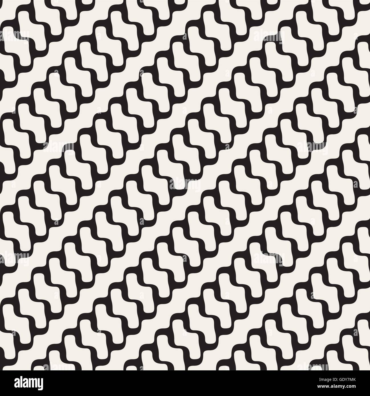 Vektor nahtlose schwarz-weiß Diagonale abgerundete Wellenlinien Muster Stock Vektor