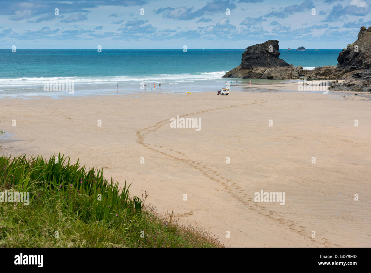 Ein Blick auf Porthcothan Bay Beach North Cornwall UK Stockfoto