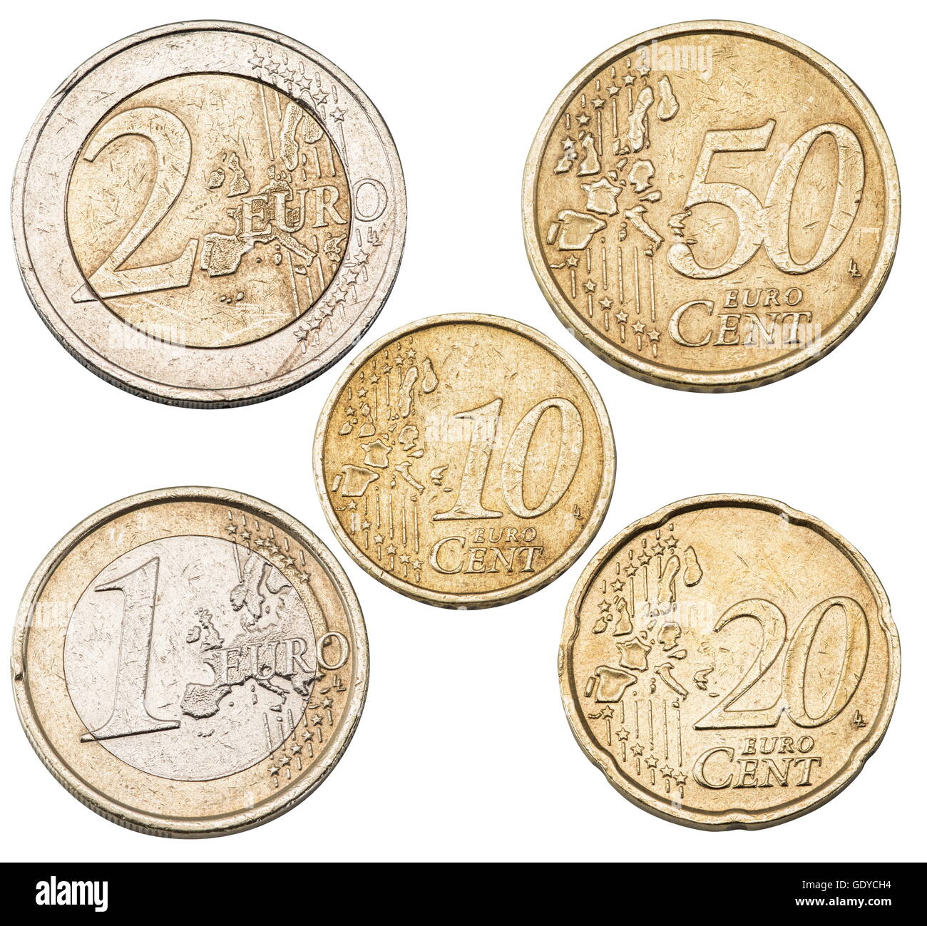 Satz von Euro-Münzen auf dem weißen Hintergrund isoliert. Datei enthält Beschneidungspfade für jede Münze. Stockfoto