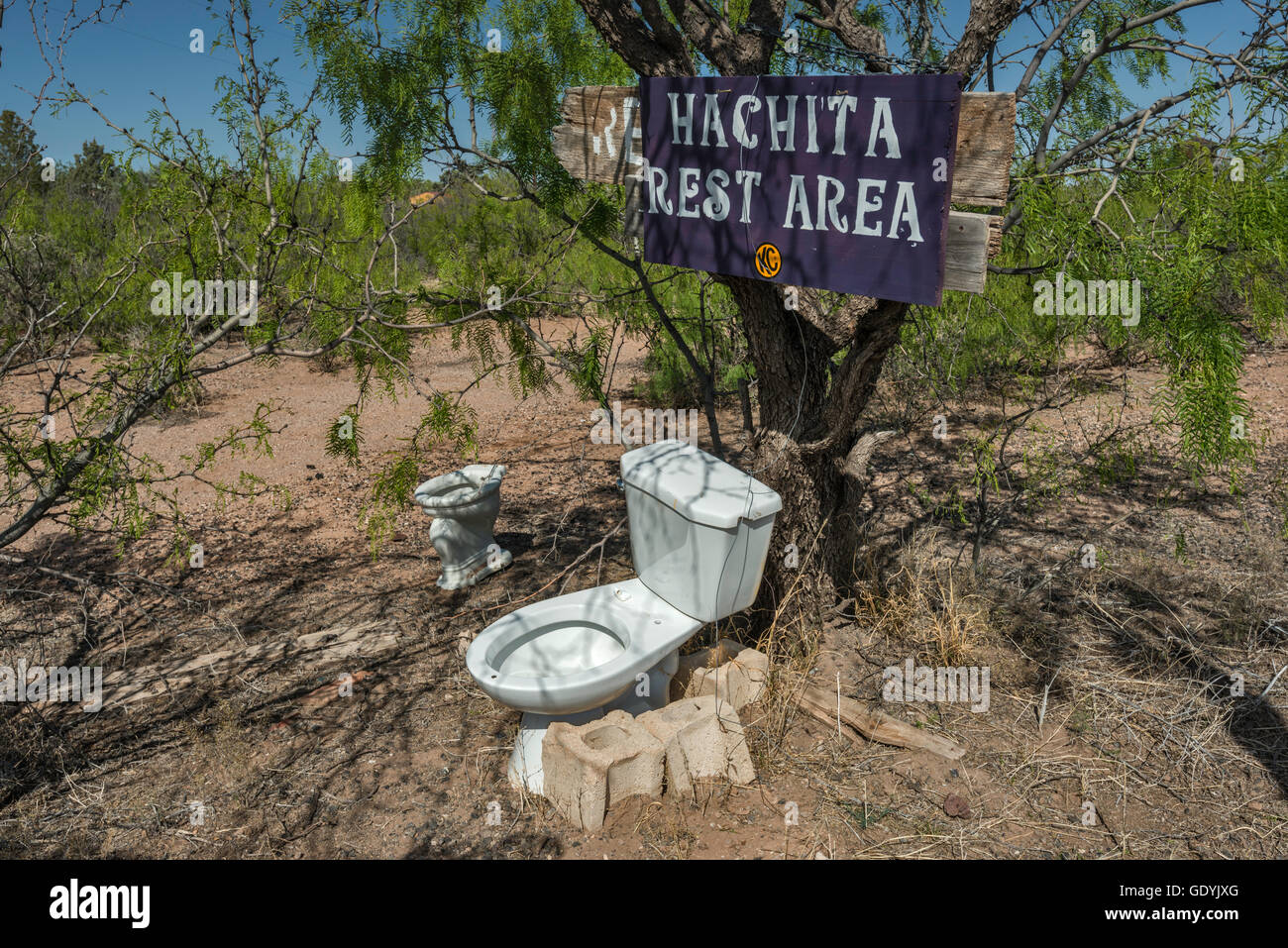 Toilette mit Wasserspülung außerhalb in Geisterstadt Hachita bei Yucca Plains, Chihuahua-Wüste, New Mexico, USA Stockfoto