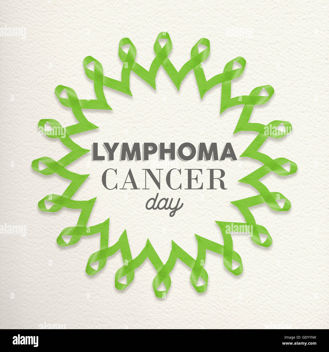 Lymphom-Krebs-Tag-Mandala hergestellt aus lindgrün Bänder mit Typografie für Bewusstsein unterstützt. Stockfoto