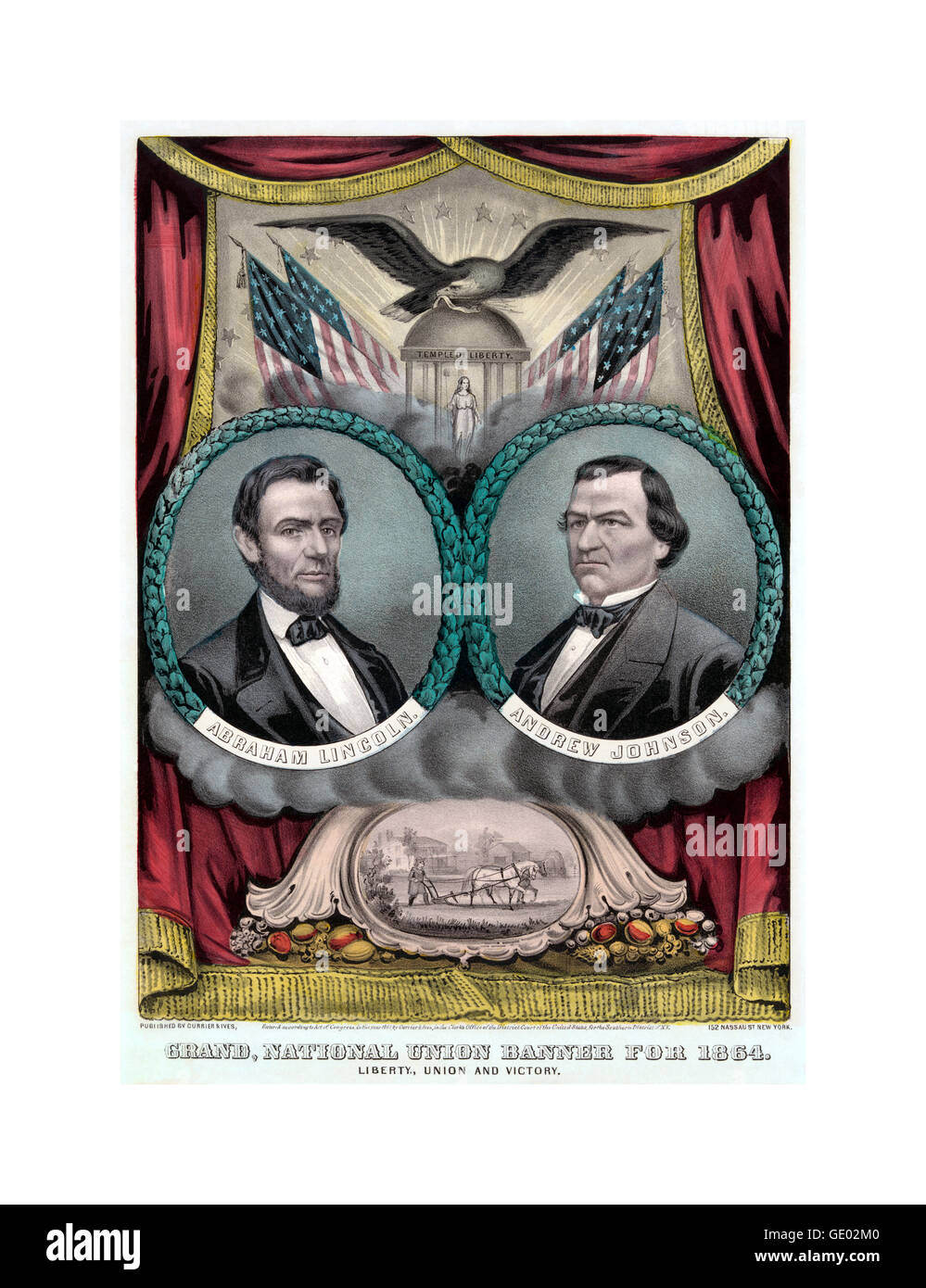 Vereinigten Staaten republikanischen Präsidenten Ticket zeigt 1864 Poster einen Kampagne Banner für den republikanischen Präsidentschaftskandidaten Abraham Lincoln und Andrew Johnson für die Vizepräsidentschaft. Stockfoto