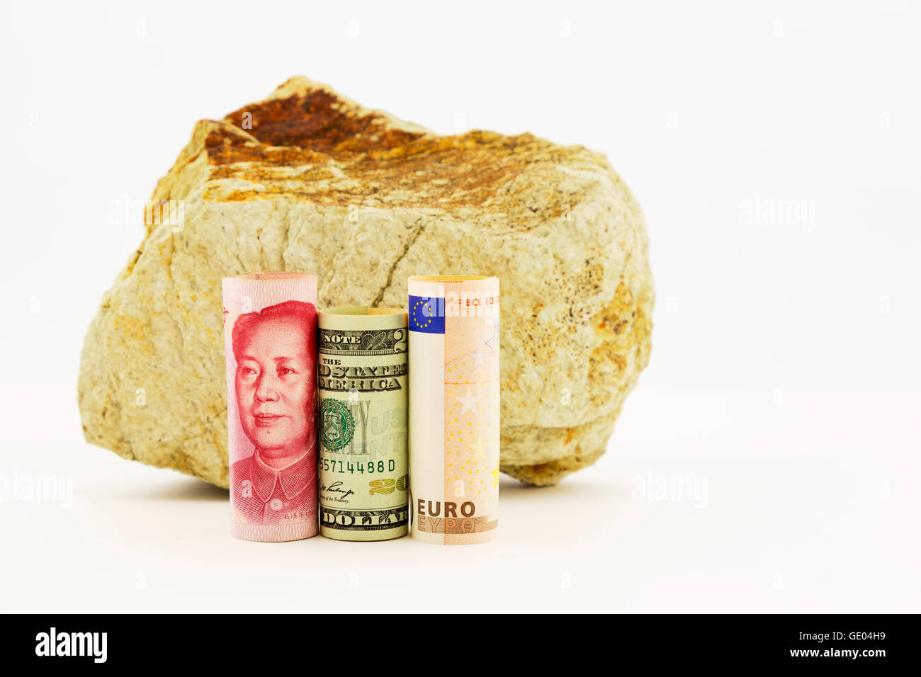 Einflussreiche Währungen, der chinesische Yuan, US-Dollar und Euro Europäische Union. Stockfoto