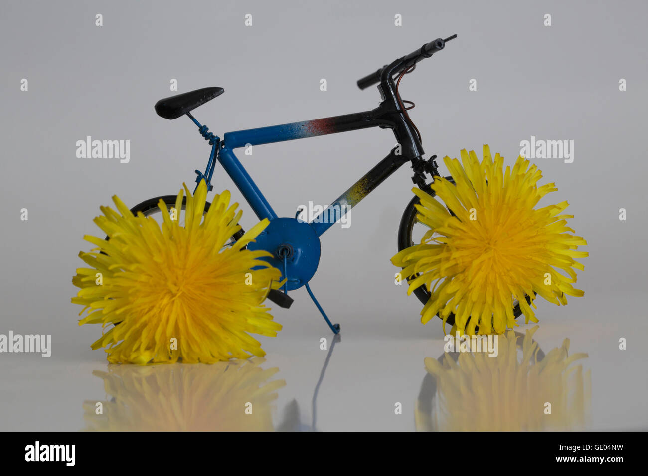 Nahaufnahme des Fahrrads mit Blumen Stockfoto