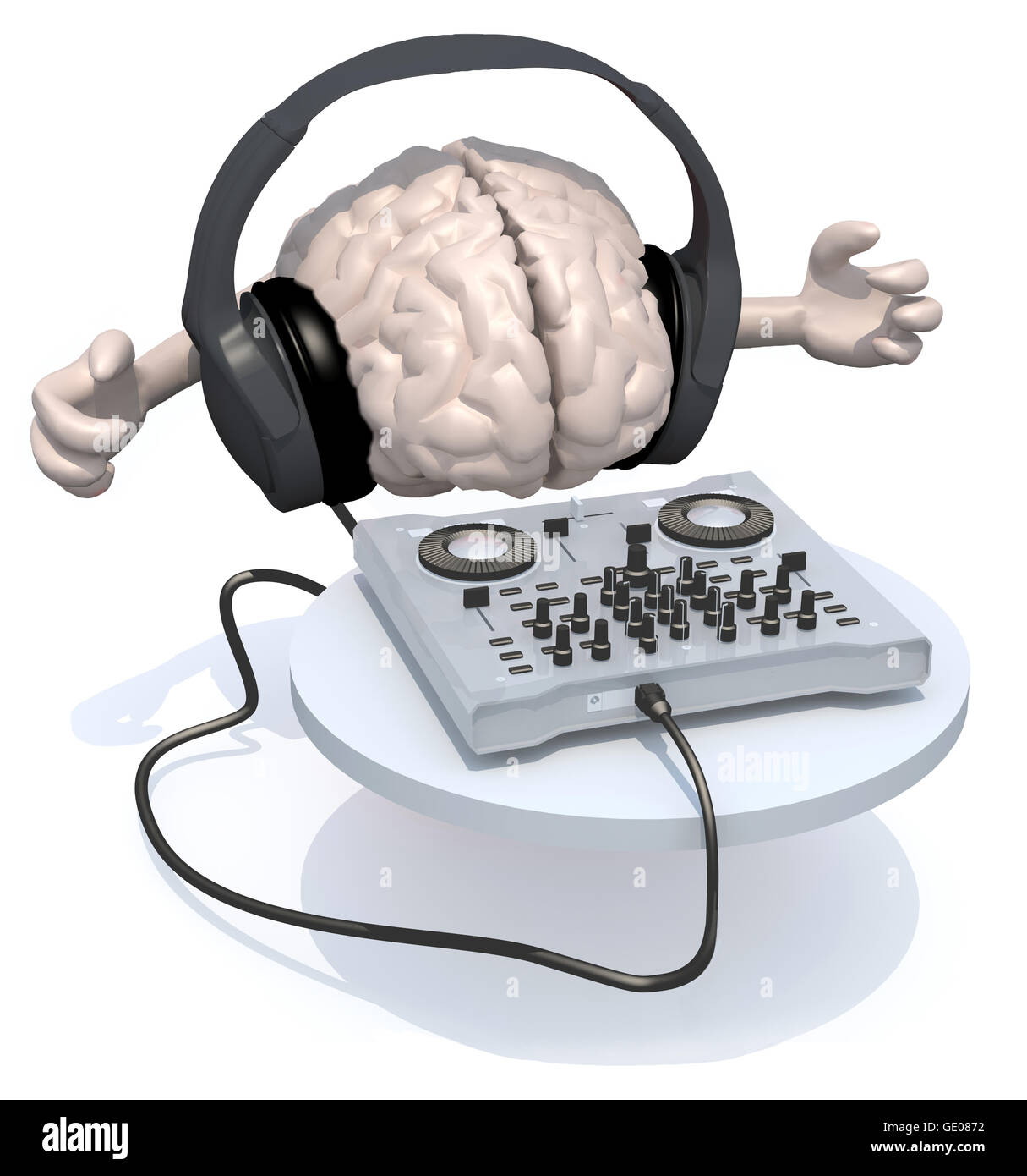 Gehirn mit dj Kopfhörer vor Consolle, 3d illustration Stockfoto
