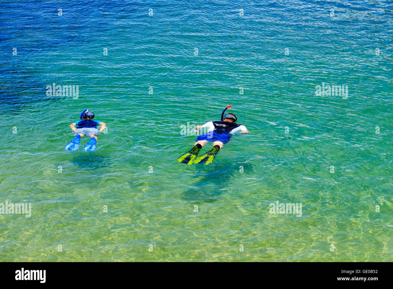 Vater und Sohn Schnorcheln (Scuba Diving) am tropischen Strand, Madeira, Portugal Stockfoto