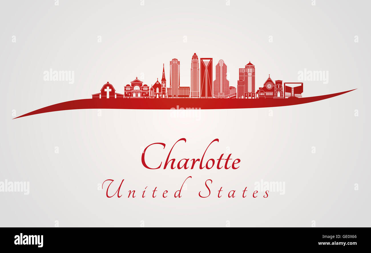Skyline von Charlotte im roten und grauen Hintergrund in bearbeitbare Vektordatei Stockfoto