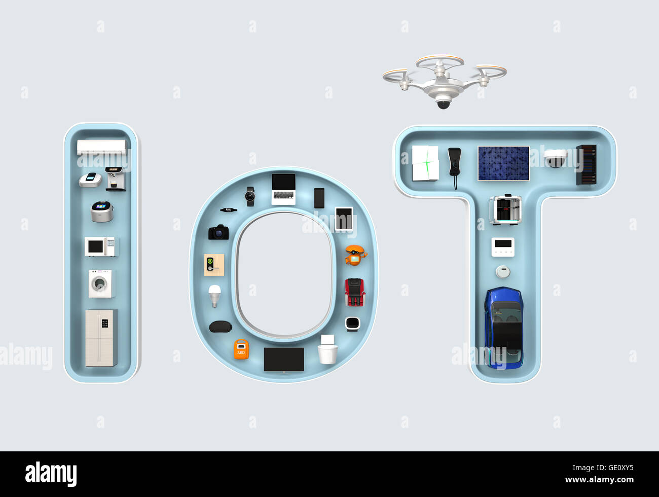 Intelligente Geräte im Layout als 'IoT'. Internet der Dinge-Konzept für Consumer-Produkte. 3D-Rendering Bild. Stockfoto