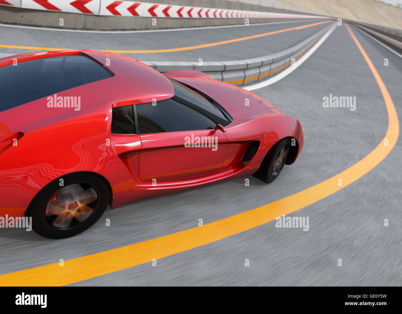 Roter Sportwagen auf der Autobahn. 3D-Rendering Bild. Stockfoto