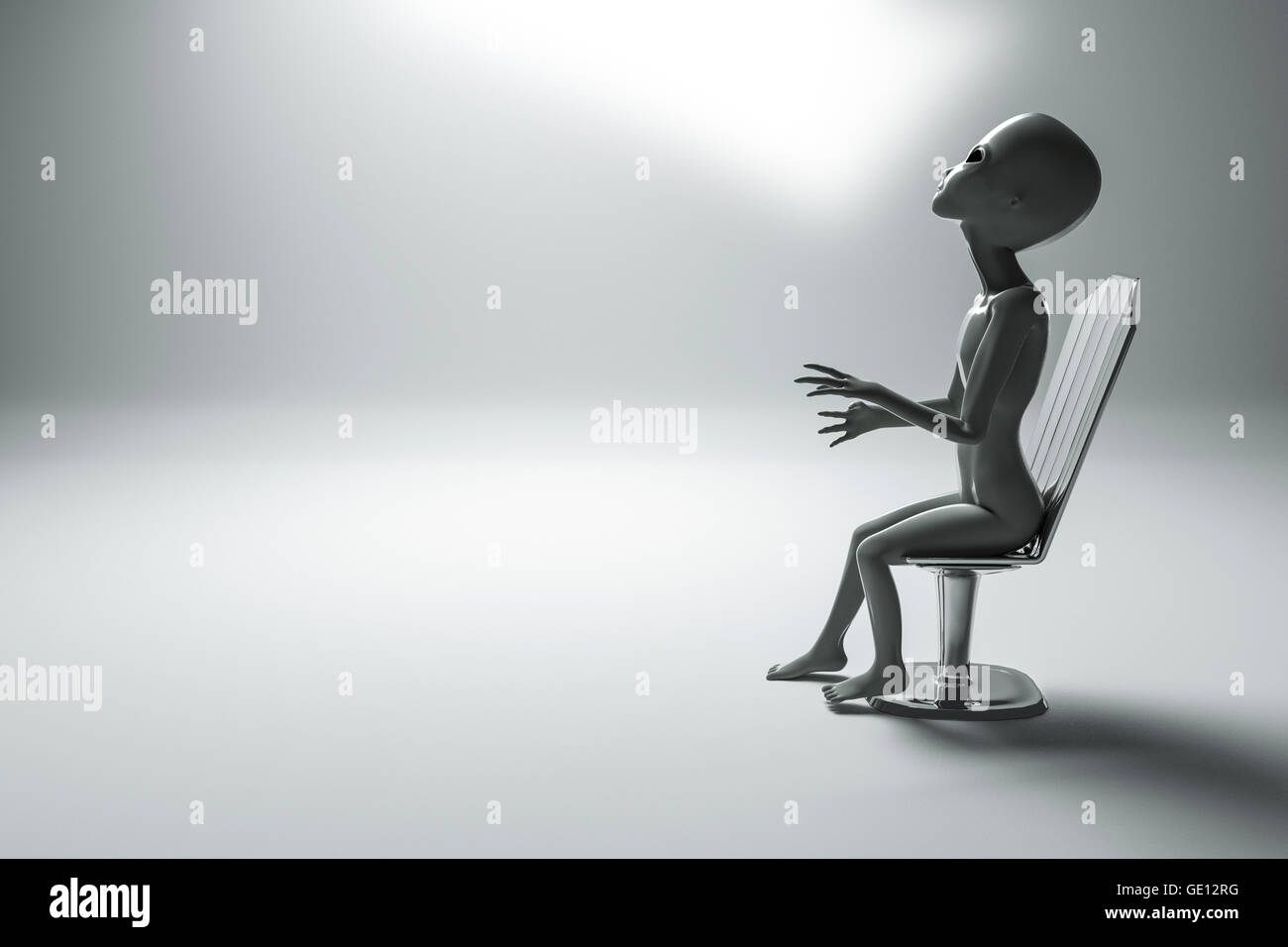 3D Abbildung eines Ausländers auf einem Metallstuhl sitzen Stockfoto