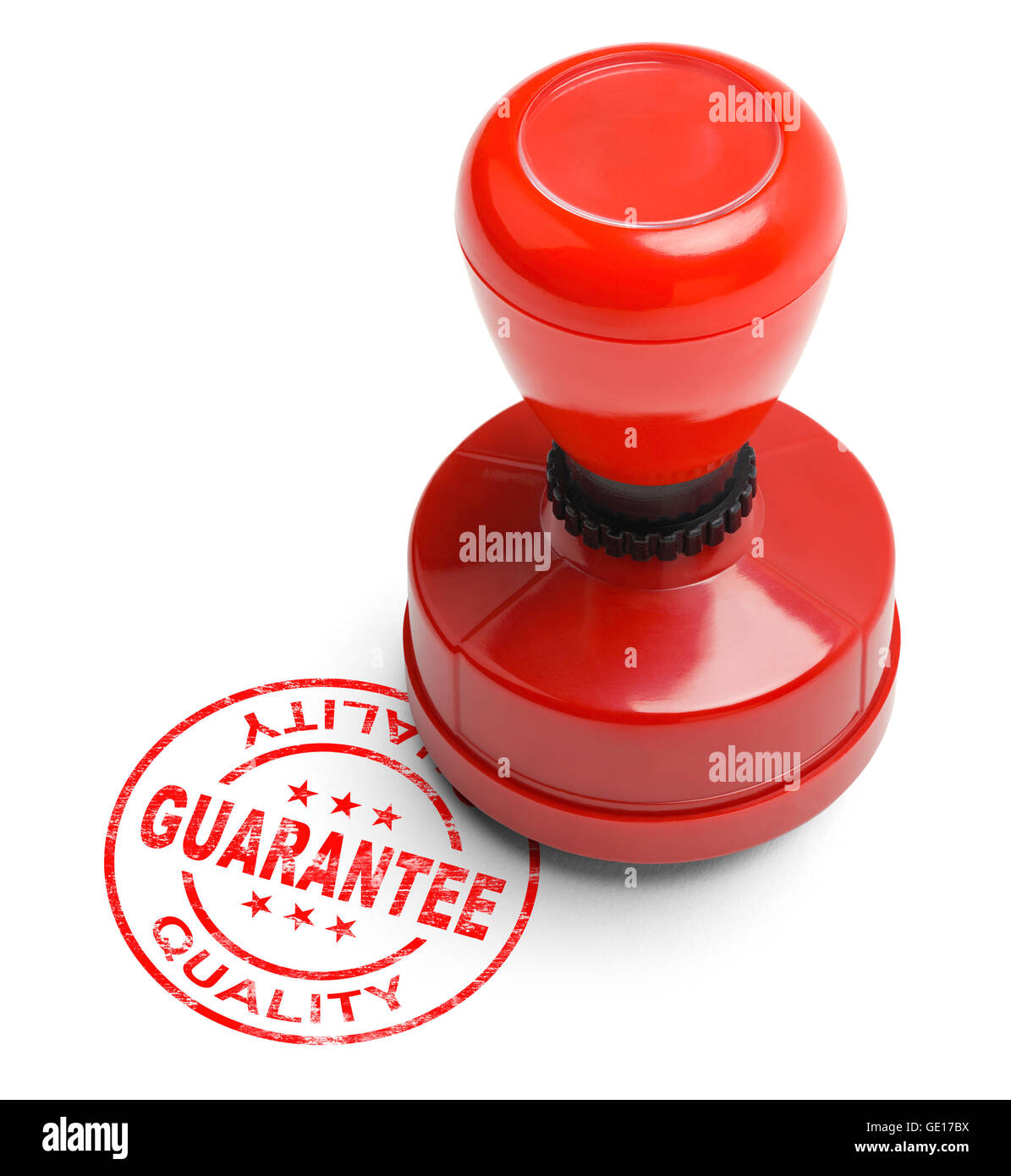 Rote Qualität Garantie Stamper, Isolated on White Background. Stockfoto
