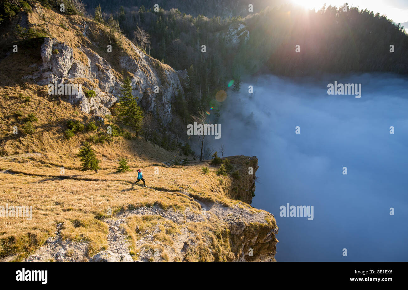 Trailrunning-Frau in den Bergen über den Wolken, Salzburg, Österreich Stockfoto