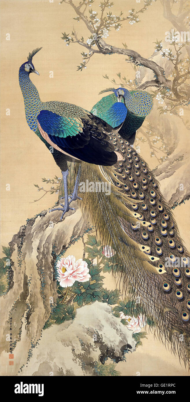 Imao Keinen, A Pair of Pfauen im Frühjahr 1901 Farbe auf Seide. Adachi Museum of Art, Yasugi, Japan. Stockfoto