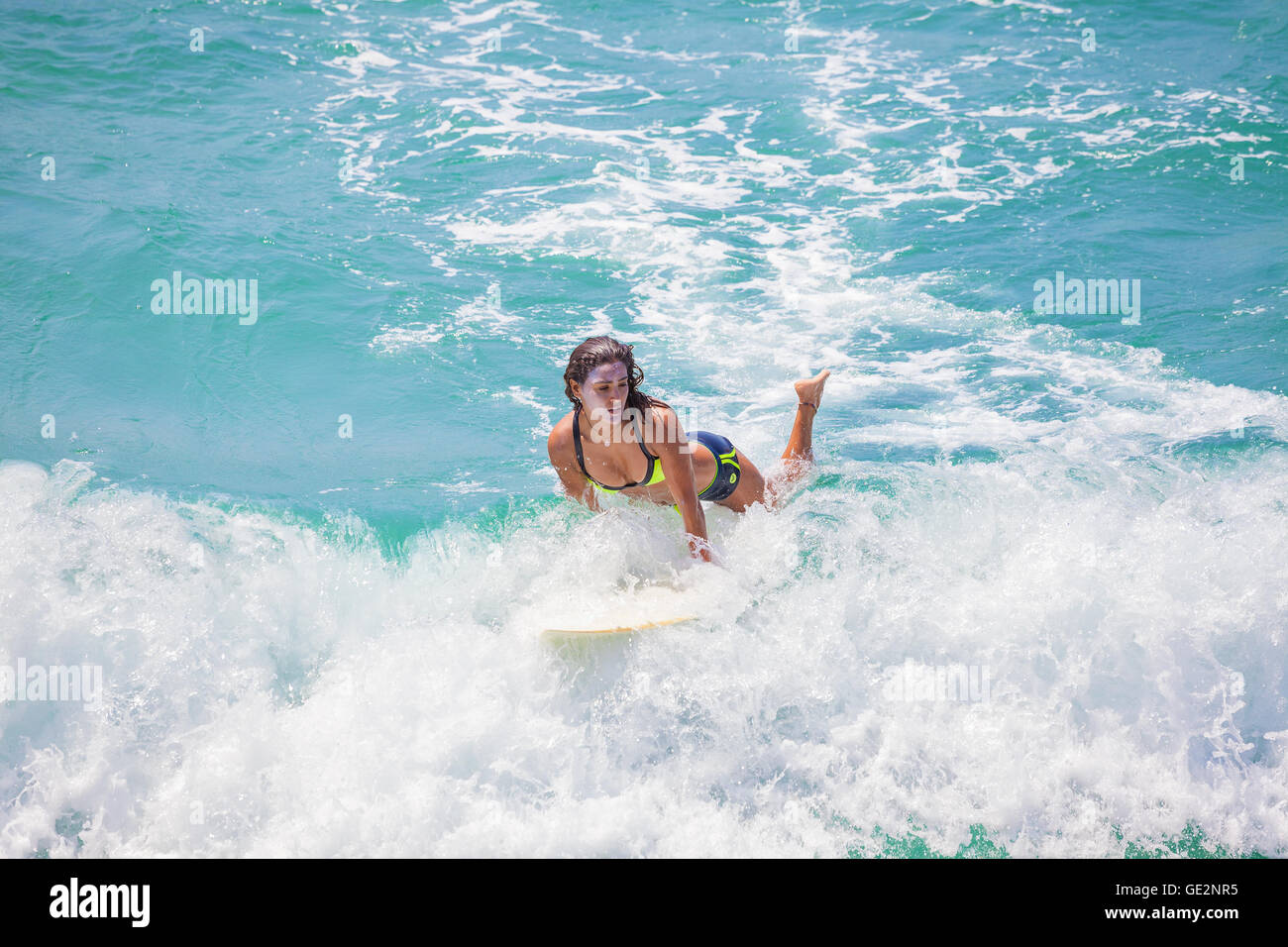 Venice Beach, Los Angeles, USA - 22. August 2015: Frau Baden an einem schönen sonnigen Tag auf einem Surfbrett. Stockfoto