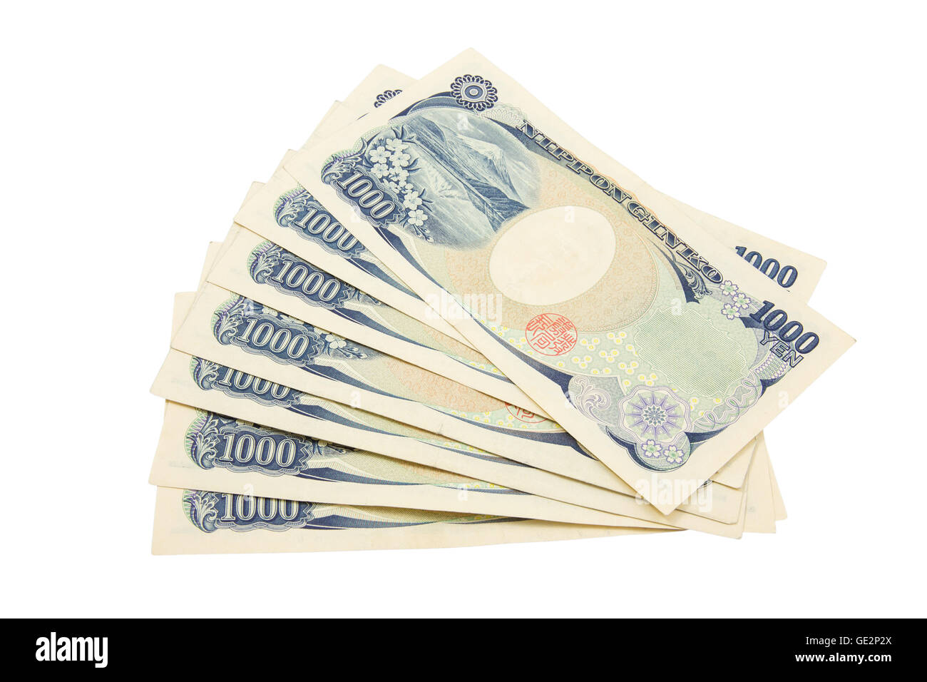 japanische Yen-Noten. Währung von Japan auf weißem Hintergrund Stockfoto