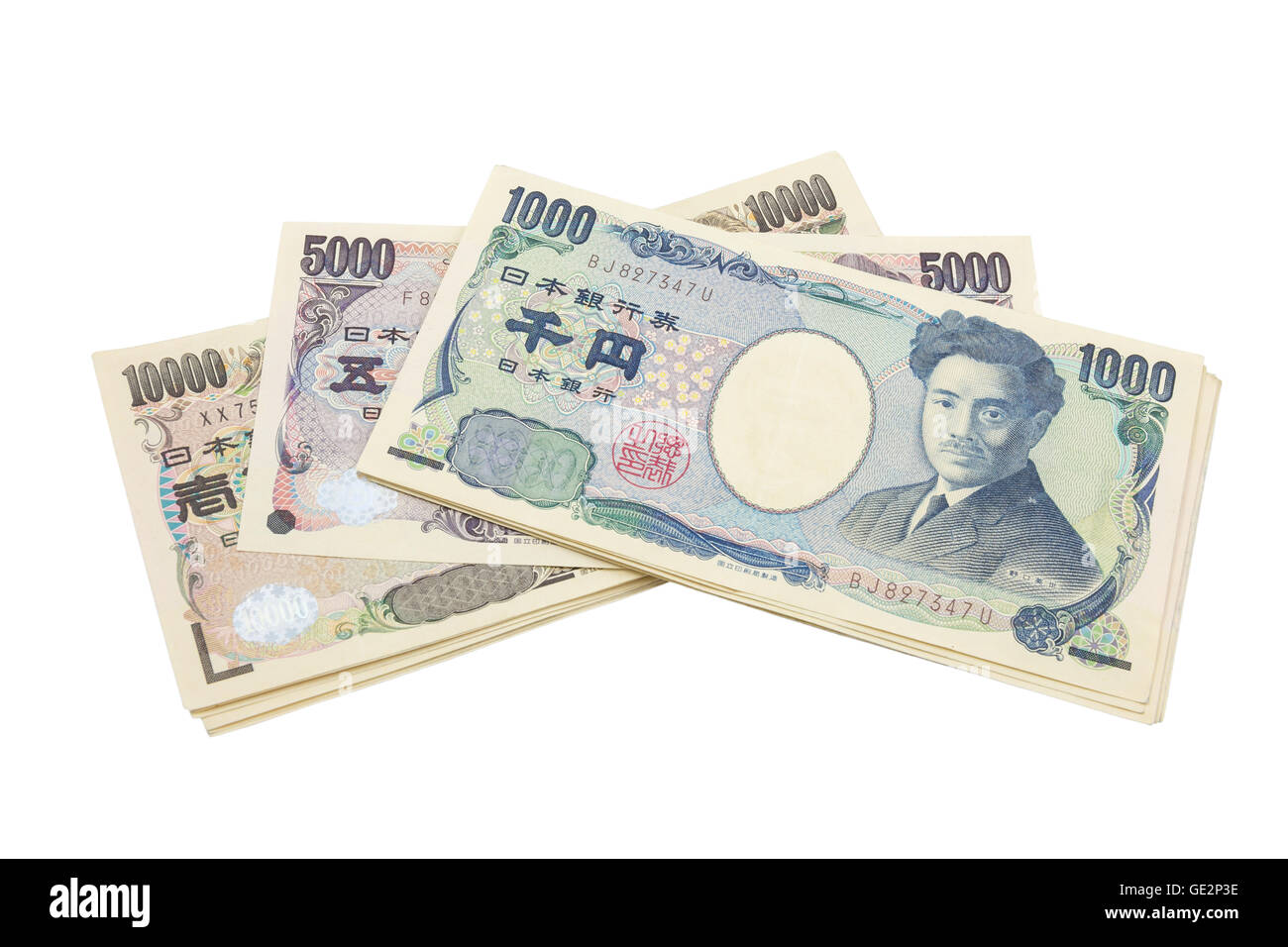 japanische Yen-Noten. Währung von Japan auf weißem Hintergrund Stockfoto