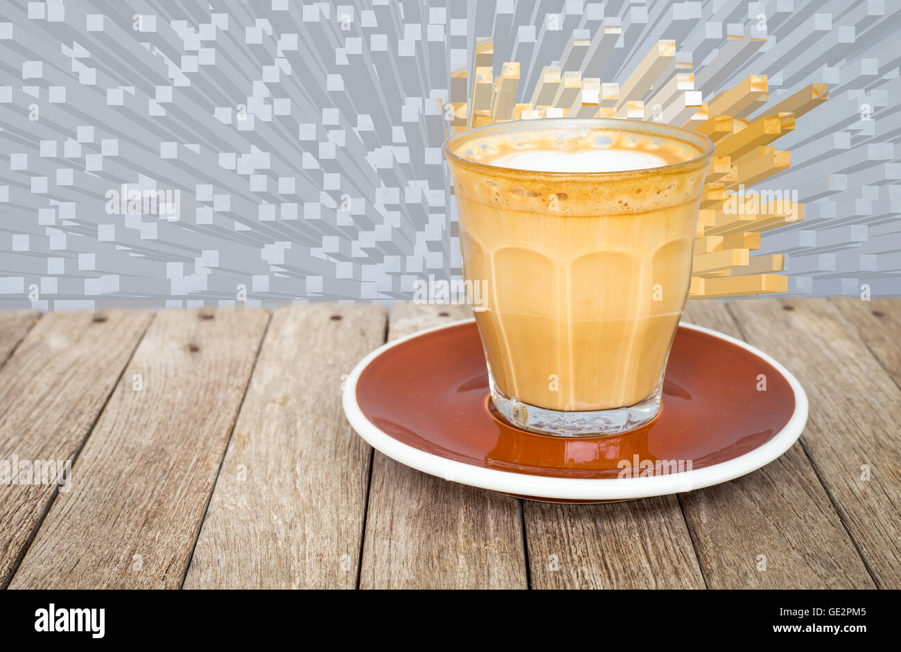 Latte Art Kaffee in klaren Glasschale auf Holztisch und grafischen Hintergrund Stockfoto