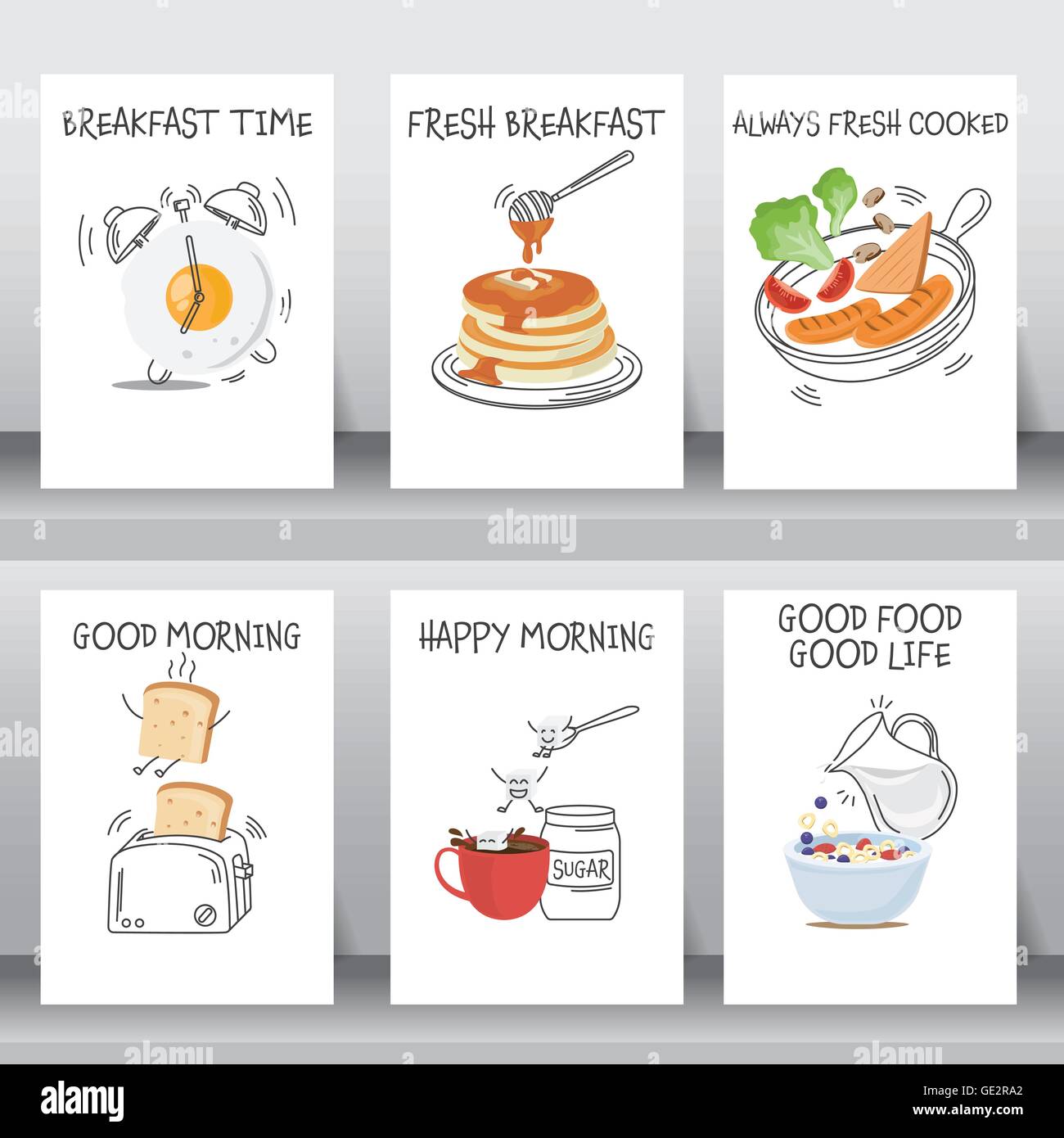 lustige Frühstück Poster und Hintergrund festlegen. flach und doodle Design. Es gibt Ei, Kaffee, Müsli mit Milch, Pfannkuchen, Brot, ve Stock Vektor