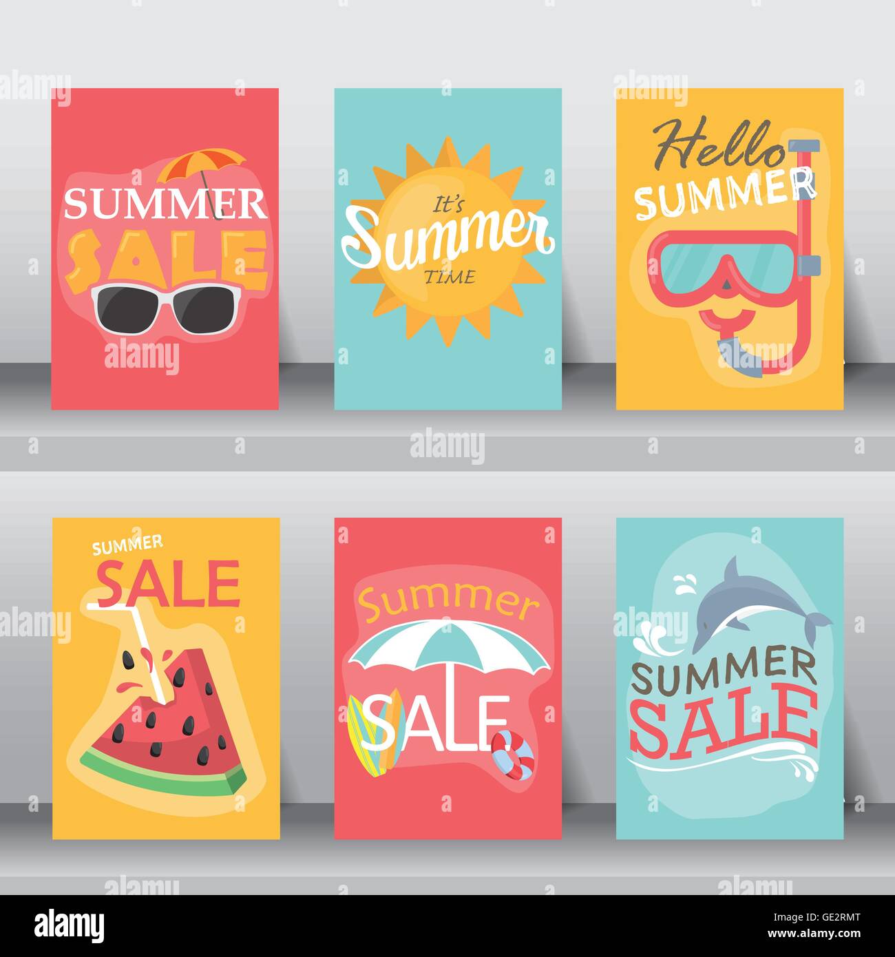 Sommer, Urlaub, Urlaub-Plakat-Set. flaches Design. Verwendung für Gruß und Einladung Karte sein kann.  Hintergrund, Hintergrund.  Layout Stock Vektor