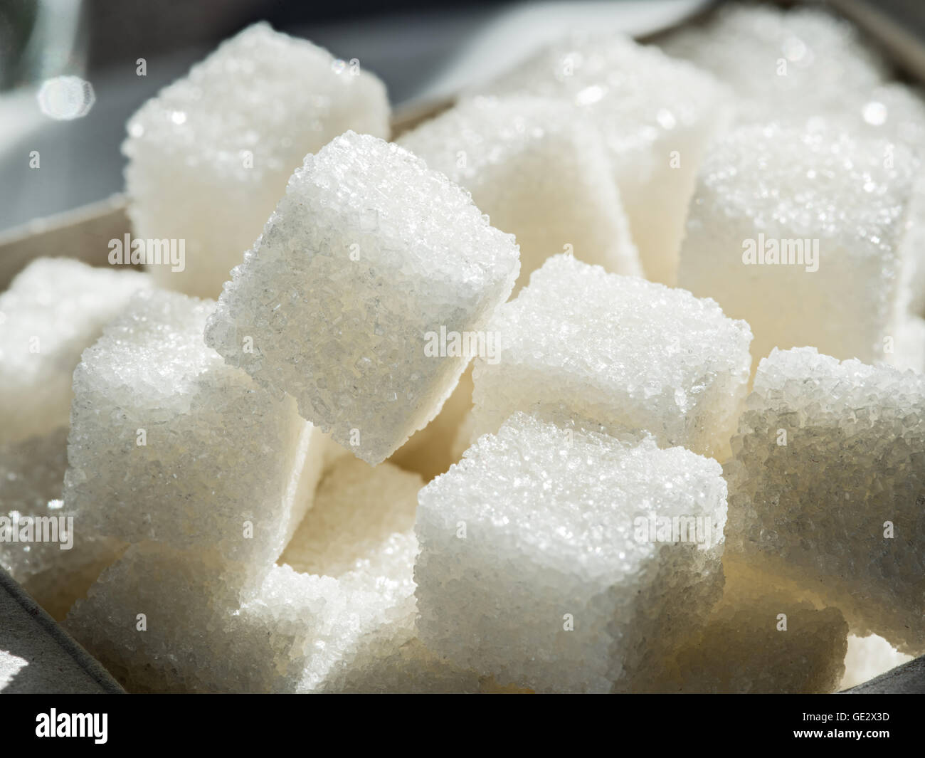 Schuss von weißen Raffinerie Zucker hautnah. Stockfoto