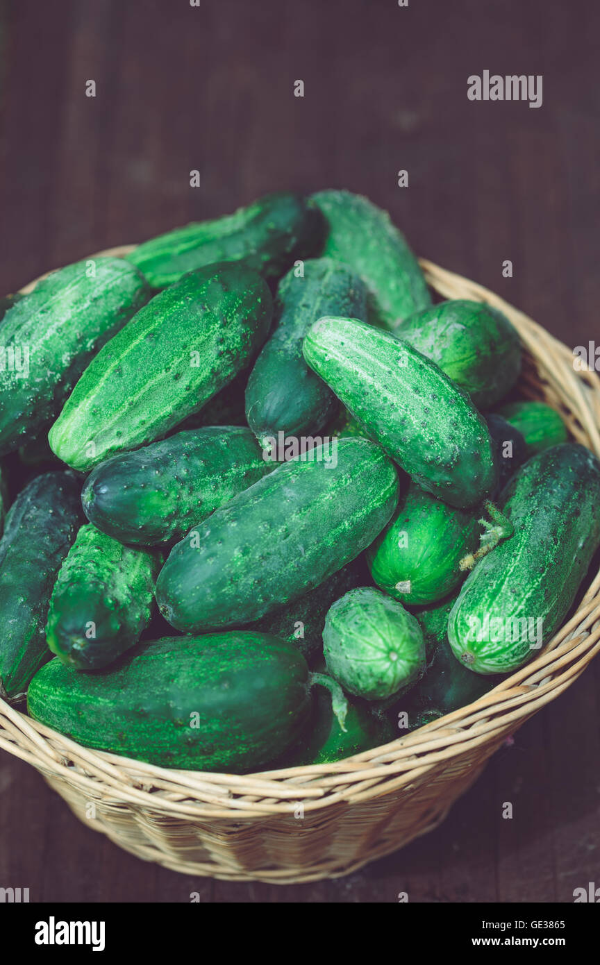 Top Schuss von Gurken im Weidenkorb Stockfoto