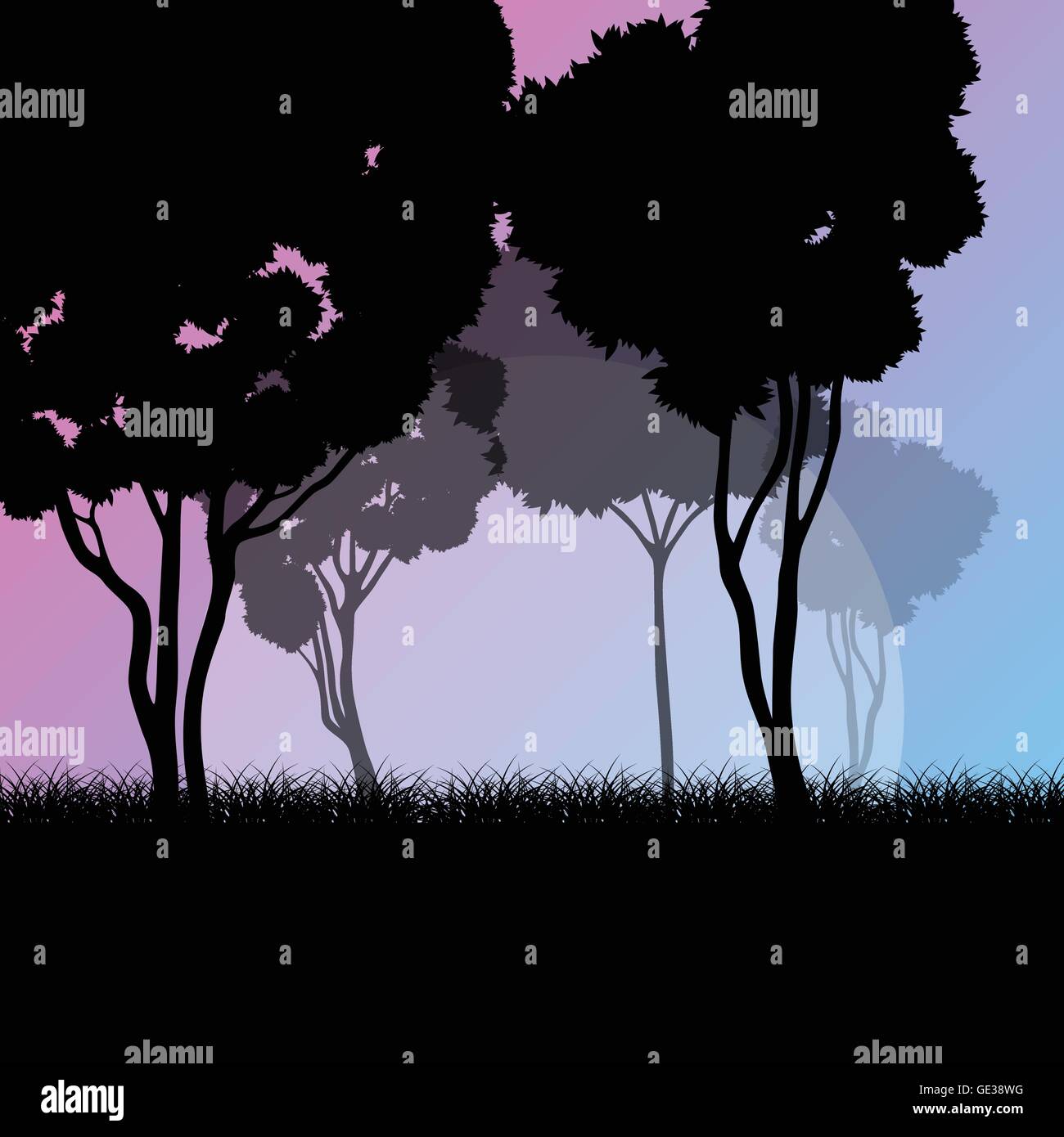 Waldbäume Landschaft Sonnenaufgang Vektor Hintergrund Illustration Geheimnis Konzept Stock Vektor