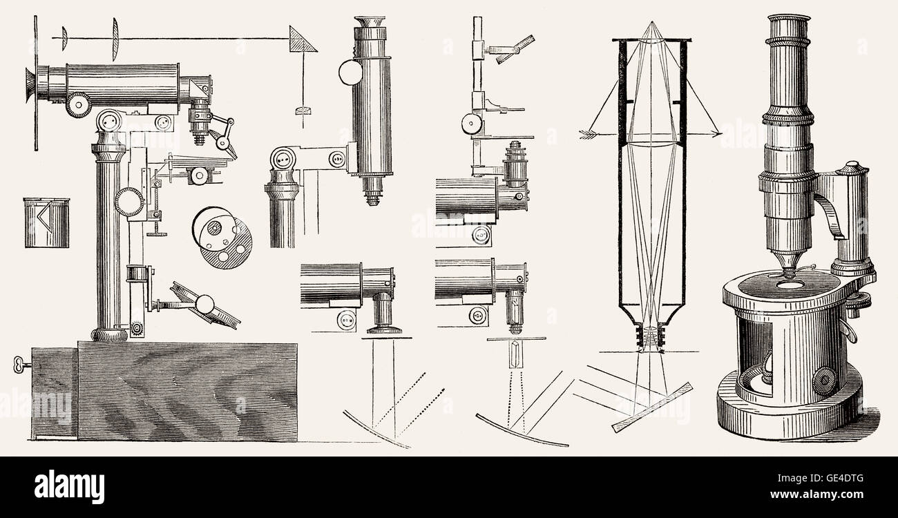 Alten Mikroskope von Nachet, Charles Chevalier, 19. Jahrhundert Stockfoto