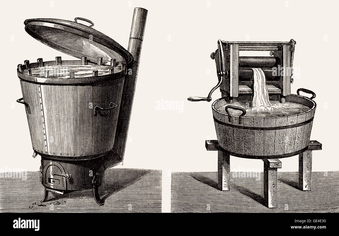 Alte Waschmaschine und zerfleischen oder Presse, 19. Jahrhundert Stockfoto