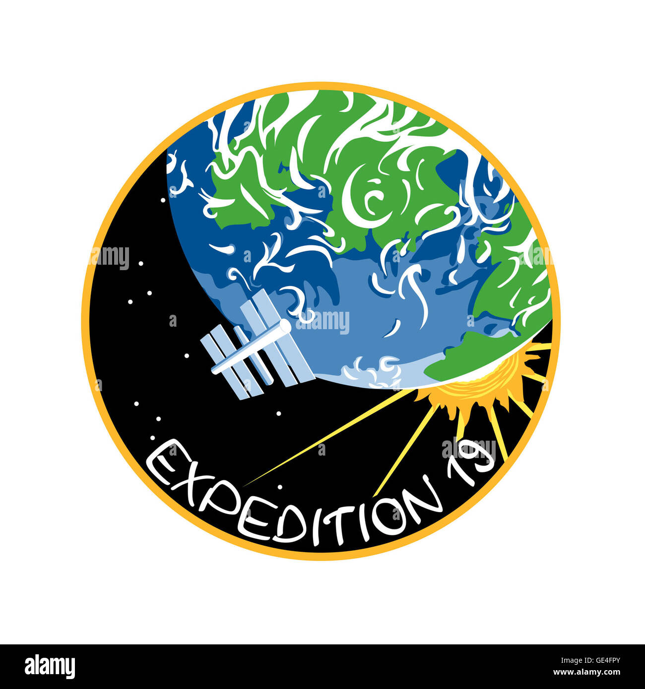 Start: Sojus TMA-14 26. März 2009 Landung: 29. Mai 2009 Astronauten: Gennady Padalka, Michael Barratt und Koichi Wakata Expedition 19 markiert den letzten geplanten Zeitraum von drei-Personen-Belegung vor Vergrößerung der Besatzung bis 6, und tritt in der Endphase der Zusammenbau der internationalen Raumstation ISS. Der Patch betont die Erde, eines der wichtigsten Schwerpunkte der Aufmerksamkeit und Studie vom orbital Forschung Außenposten. Das Design ist stilisiert, um die Schönheit von den Planeten und die Station umkreist es, neben der Sonne nun des unbestrittenen hellsten Stern am Himmel von der Erde aus gesehen zu markieren. Stockfoto