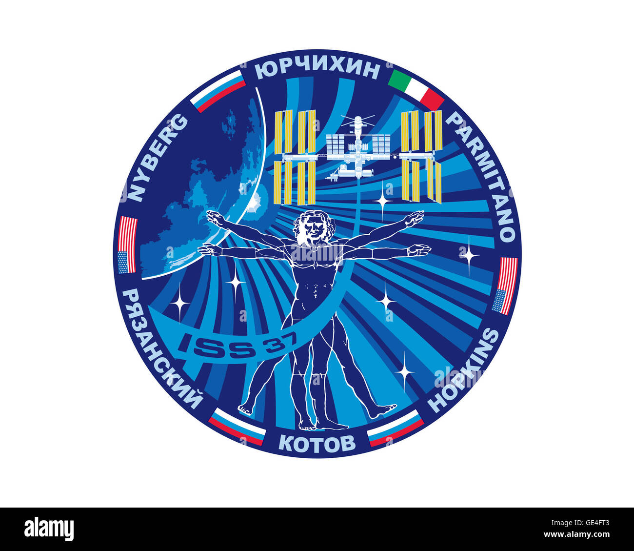 Start: Sojus TMA - 09M 28. Mai 2013 Landung: 10. November 2013 starten: Sojus TMA - 10 M 25. September 2013 Landung: 10. März 2014 Astronauten: Oleg Kotov, Sergey Ryazanskiy, Mike Hopkins, Luca Parmitano, Fyodor Yurchikhin und Karen Nyberg Expedition 37 begann mit der Abkopplung von Sojus TMA - 08 M im September 2013. Drei neue Besatzungsmitglieder kamen an Bord der Sojus TMA - 10M im September 2013.  Leonardo da Vincis Vitruvian Mann, 525 vor einigen Jahren, als eine Mischung aus Kunst und Wissenschaft und ein Symbol für die Ärzteschaft erstellt wird zwischen den Bahnen von einer Vielzahl von Satelliten umkreisen die Erde in großen dargestellt. Stockfoto